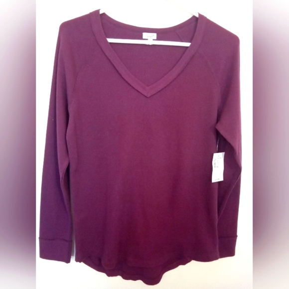 Kismet Tops - Kismet Burgundy  Long Sleeve Thermal V Neck Tee Shirt